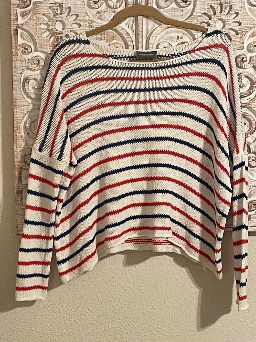 Wooden Ships Cream Sweater with Red and Navy Stripes